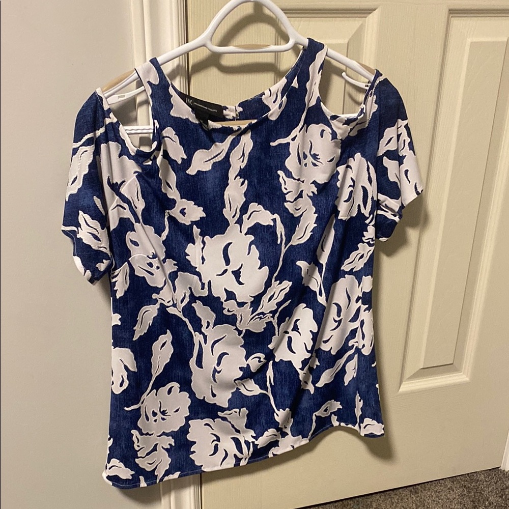 INC International Concepts Blue and White Cut Out Blouse